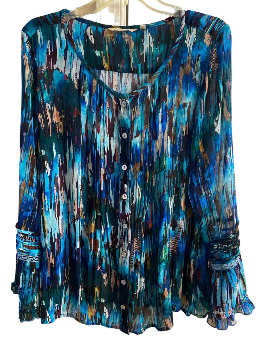 Soft Surroundings Blue Abstract Print Button Front Blouse Bell Sleeve Lace Trim